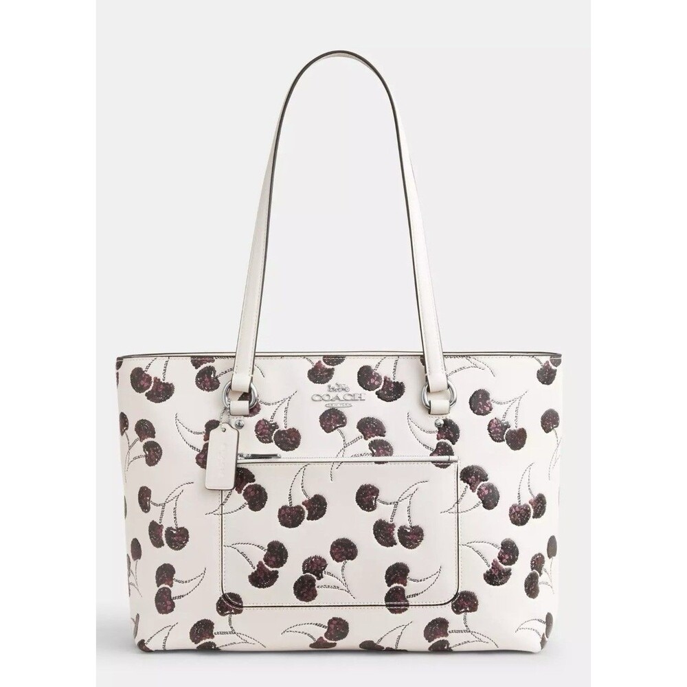 COACH CCZ14 Station Tote Bag With Cherry Print Smooth Leather Silver/Chalk Multi